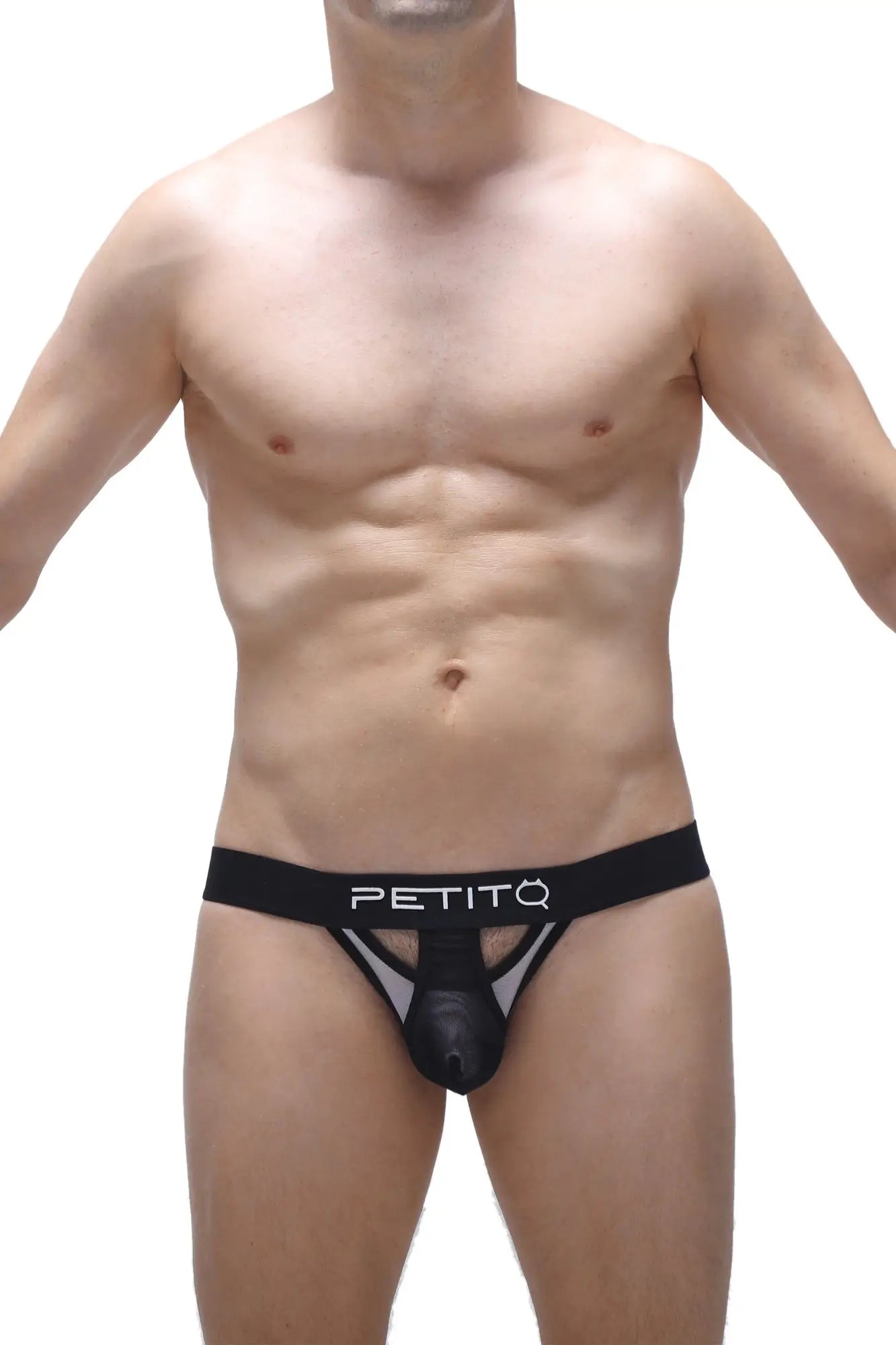 Black bikini costac thong with mesh panel and solid front pouch for comfortable swimwear use