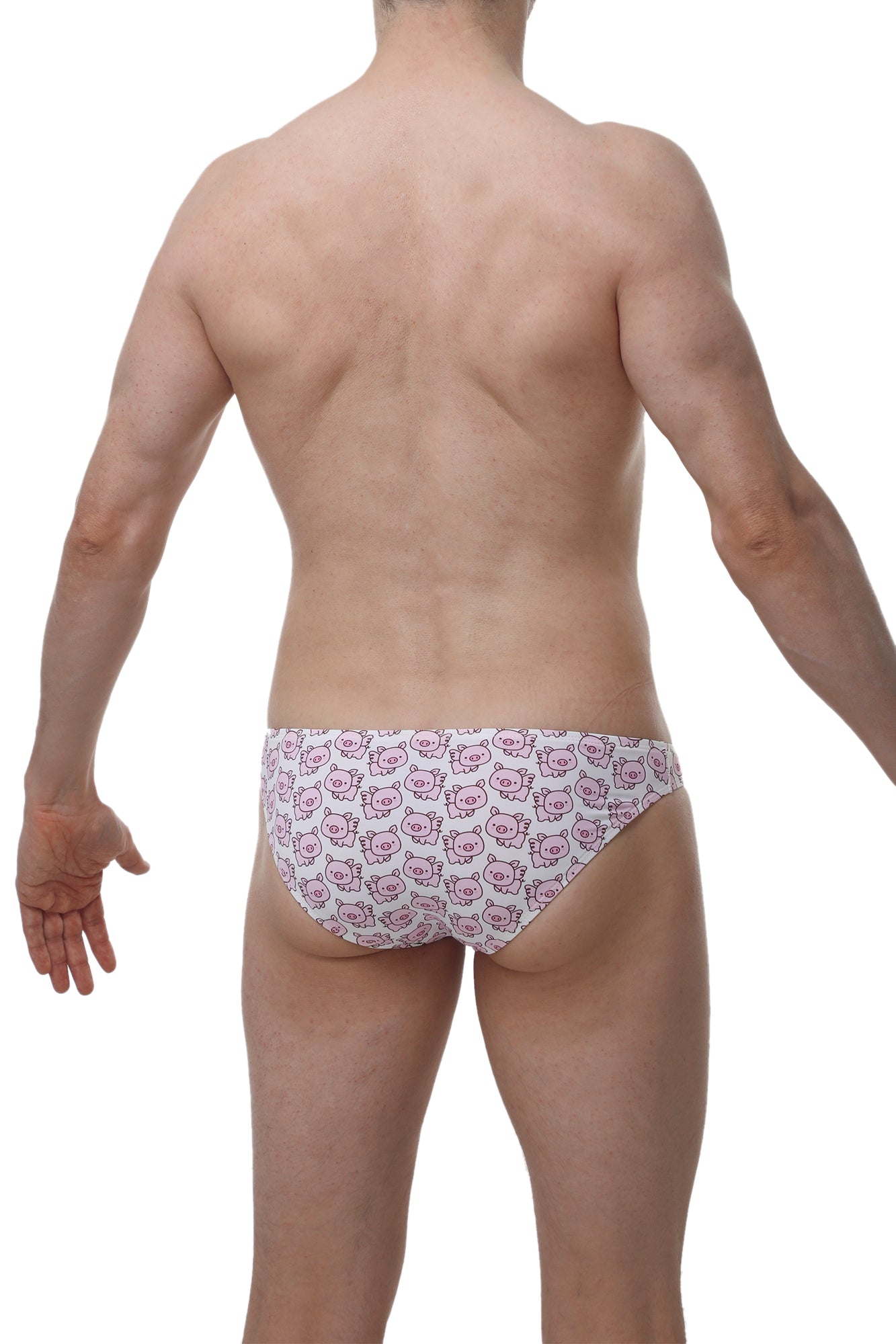 White briefs with a repeating pink cartoon pig face pattern from petitq bikini dome piggy love collection