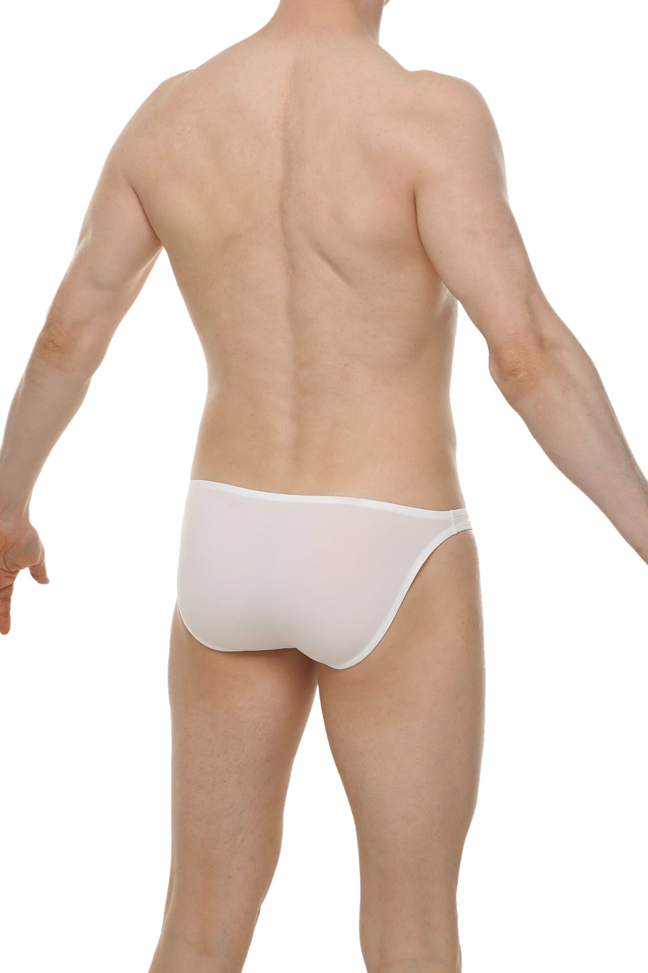 White seamless bikini dome skine briefs made from soft breathable fabric shown from the back side