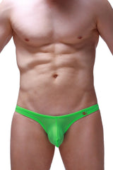 Bright green sheer mesh bikini briefs with a small logo on the waistband from Bikini Dome Plum Neon Green collection