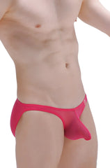 Bright pink sheer mesh mens briefs with distinctive front pouch design from bikini dumbo net fuchsia collection