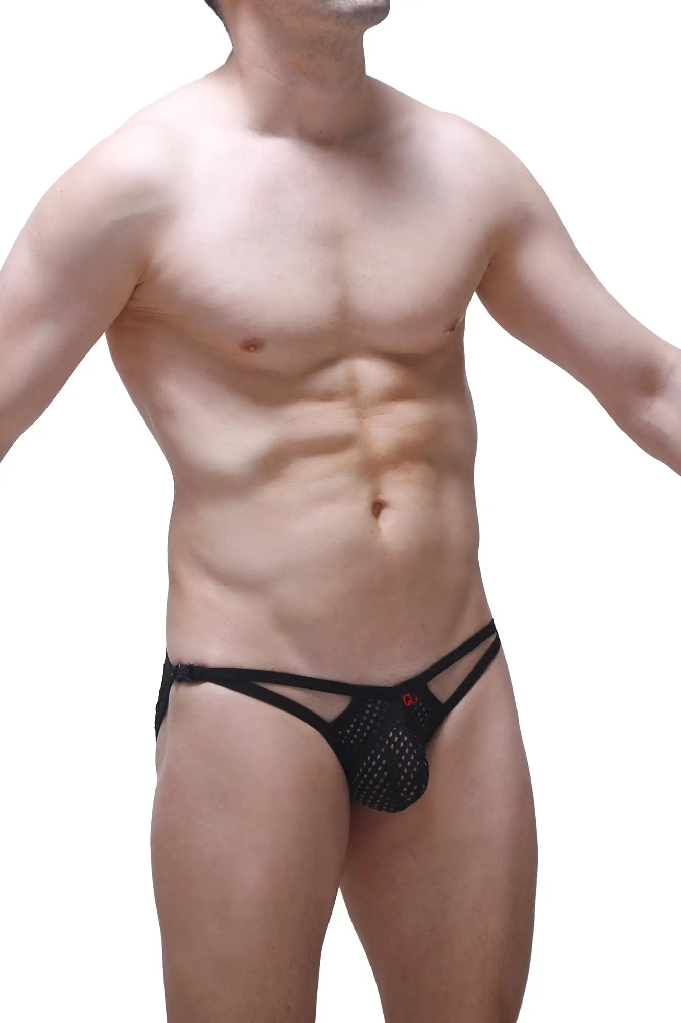 Black mesh thong bikini fors durtol with thin straps and small red logo on the front designed for swimwear use