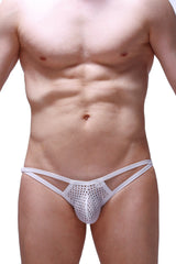 White mesh thong bikini with thin straps and perforated design from petitq bikini fors durtol white collection