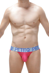 Bikini jockstrap modal fuchsia briefs in bright pink with light blue waistband and petitq branding in white lettering