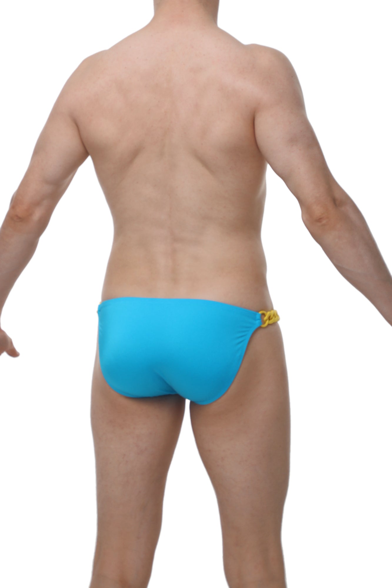 Bright blue bikini chains joe turquoise swim trunks with yellow chain detail on the side for beachwear