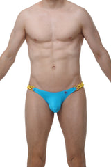 Bright blue swim trunks with bold yellow chain detailing at the waistband from bikini chains joe turquoise collection