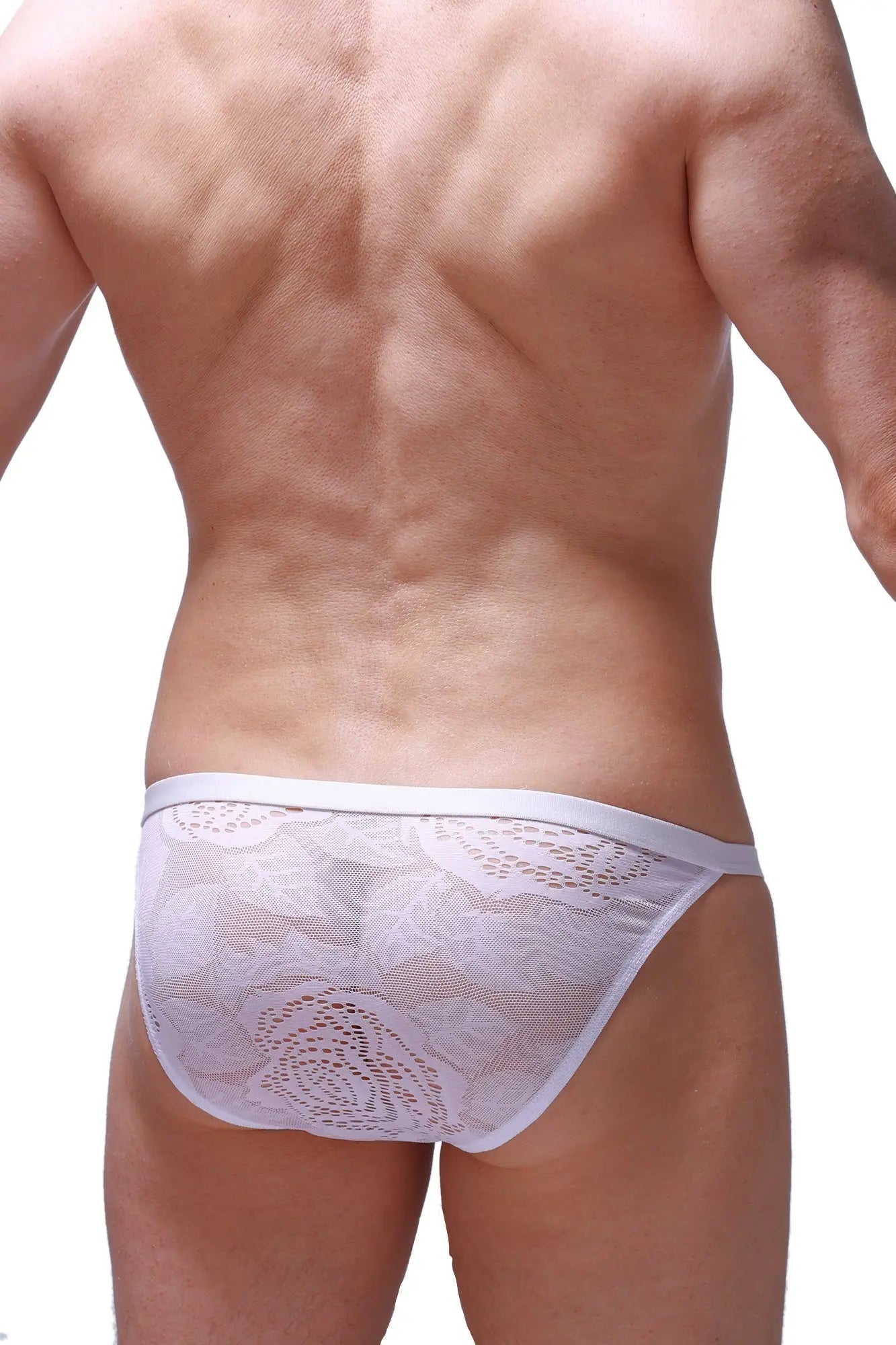 White bikini Ladon Coudray briefs with lace trim and delicate patterned mesh design