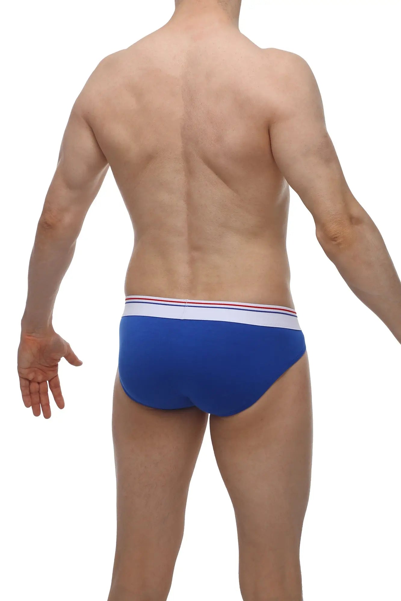 Bikini lagny blue men’s briefs in blue with a white waistband featuring thin red and blue stripes