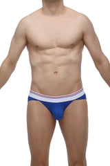 Blue men’s briefs bikini lagny blue with white waistband featuring thin red and blue stripes for everyday comfort