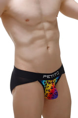 Black briefs with vibrant rainbow leopard print and petitq brand name on waistband from bikini lagny leopard rainbow collection