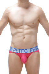 Bright pink bikini lagny modal fuchsia men’s briefs with light blue waistband featuring bold brand name lettering