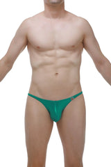 Green form-fitting bikini lhery satin thong made of smooth fabric with a small logo on the side showing the back view