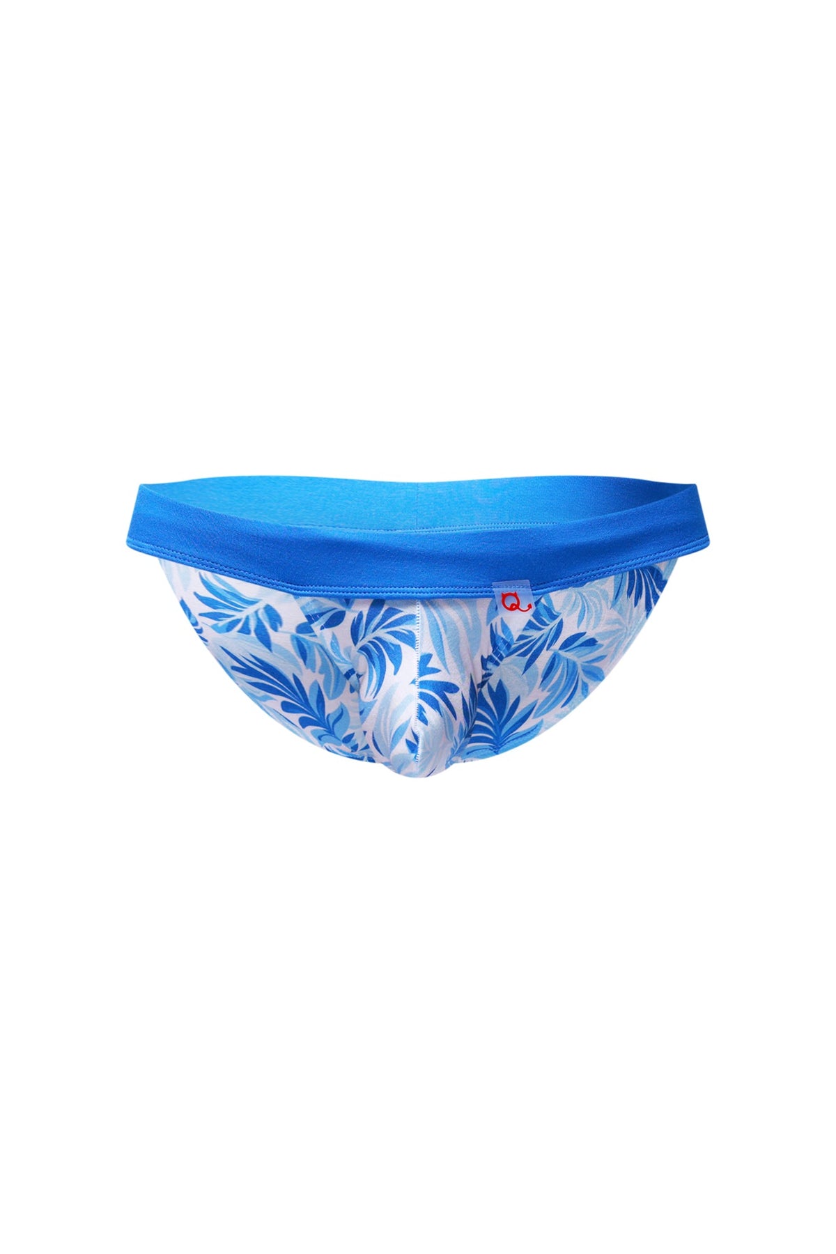 PetitQ bikini Linthes Maeha briefs with blue and white tropical leaf pattern and solid blue waistband