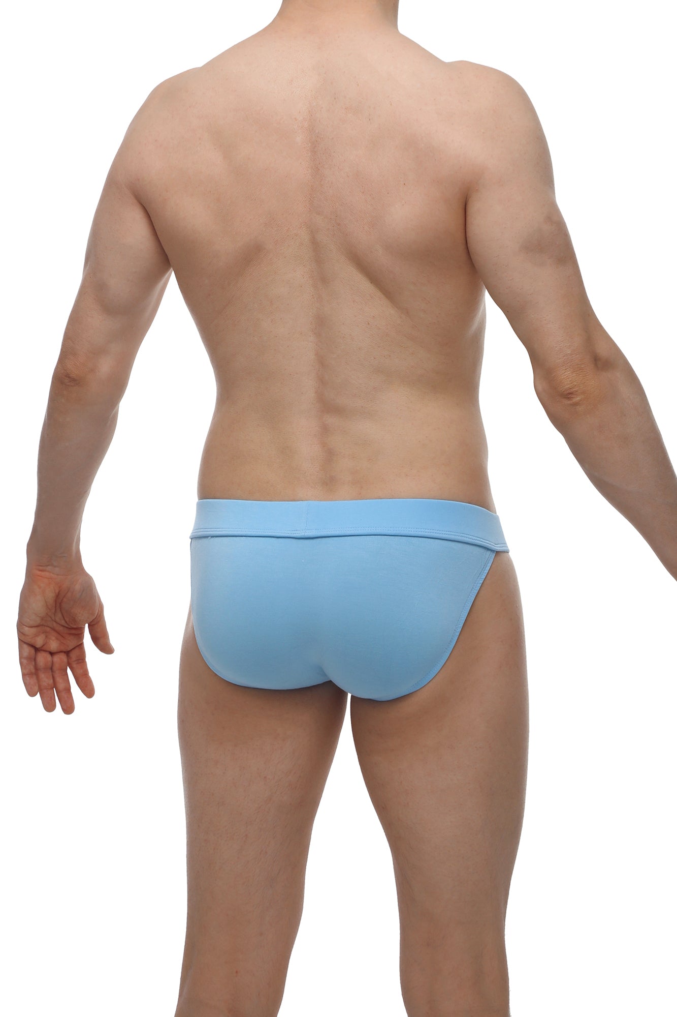 Light blue form-fitting swim trunks with smooth bamboo fabric finish called bikini linthes bamboo blue