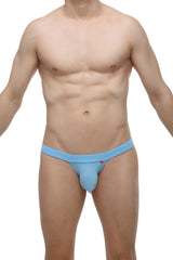 Light blue form-fitting bikini manol briefs made of smooth bamboo fabric with a small logo on the waistband
