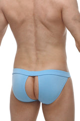 Light blue form-fitting bamboo briefs bikini manol with central cutout at the back shown from backside