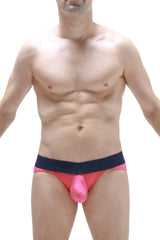 Bikini mega bulge fuchsia bright pink form-fitting men’s briefs with contrasting navy blue waistband for bold style
