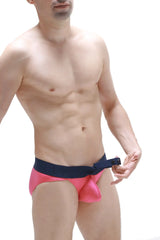 Pink satin bikini mega bulge briefs with navy blue elastic waistband and adjustable buckle for a secure fit