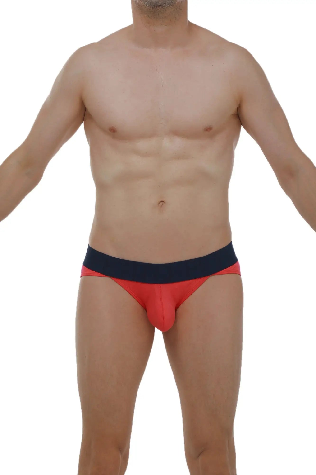 Bikini mega bulge fuchsia briefs in red and navy blue with a snug form-fitting design for enhanced comfort