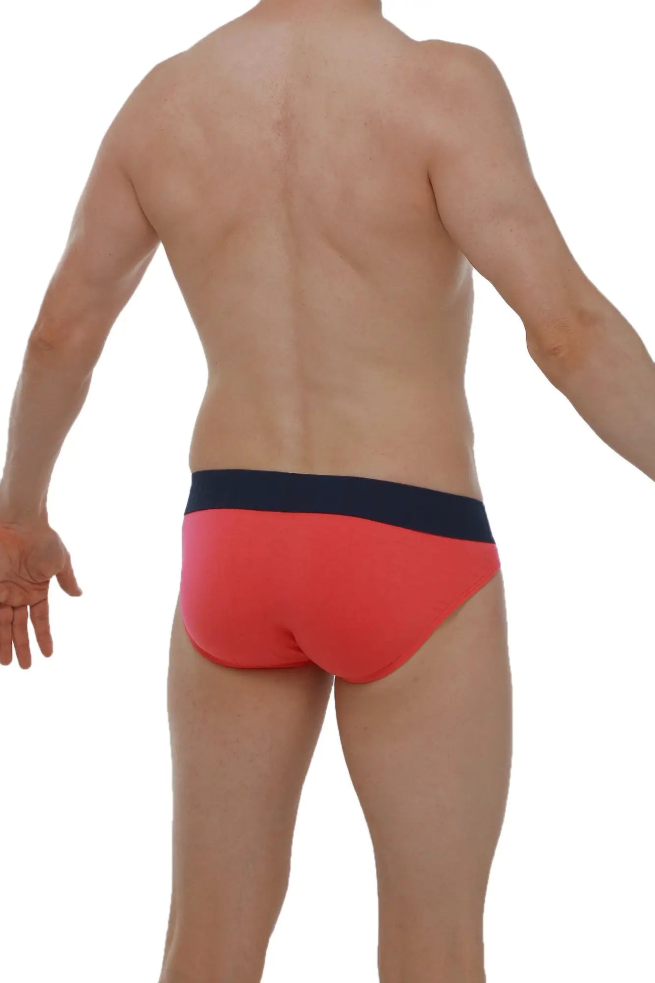 Bikini mega bulge fuchsia red briefs with navy blue waistband designed for a bold and comfortable fit