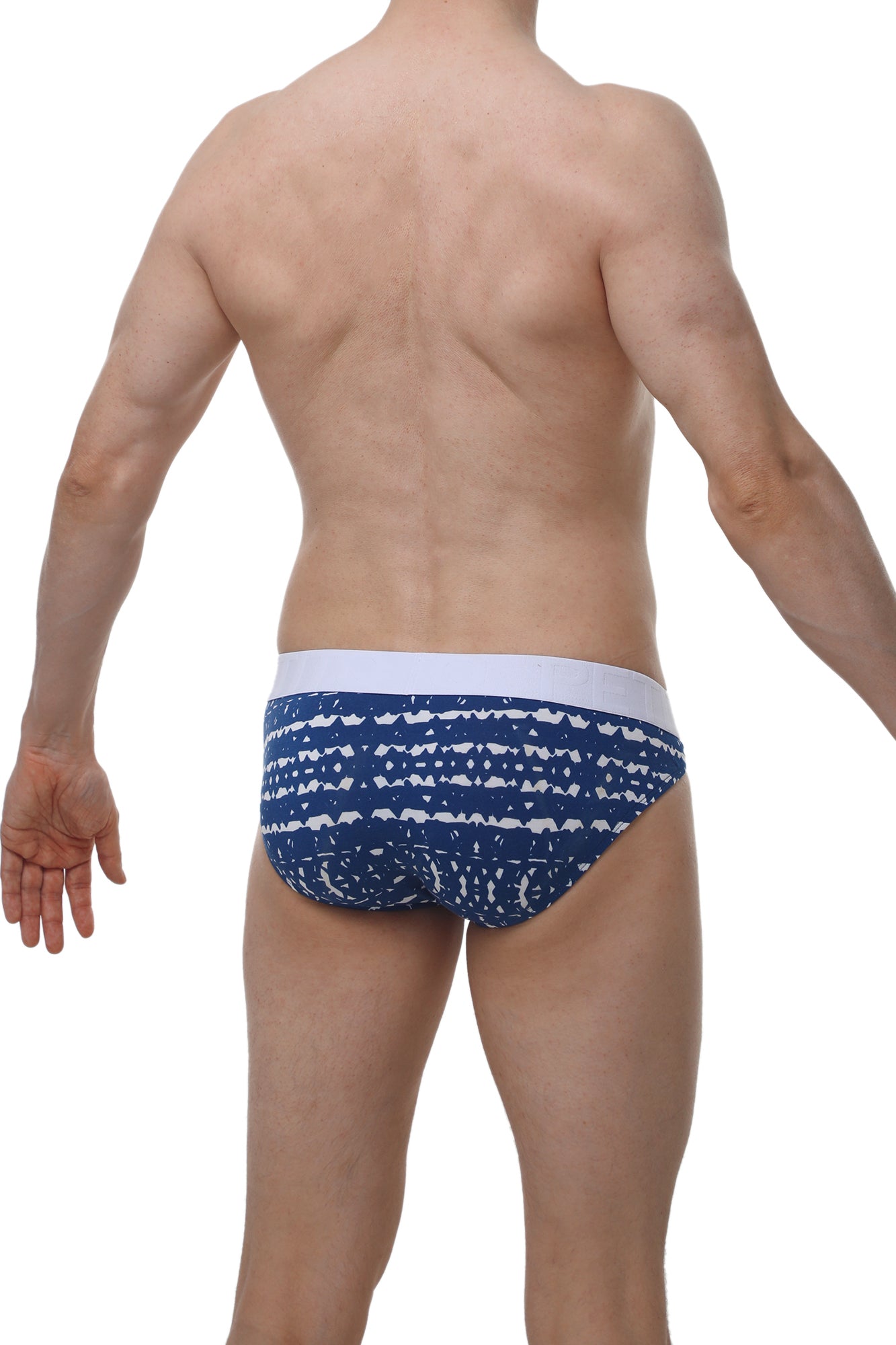 Blue and white patterned petitq bikini mega bulge men’s briefs with solid white waistband in denim style