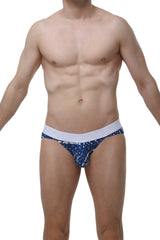 Petitq bikini mega bulge new denim blue and white patterned men’s briefs with solid white waistband
