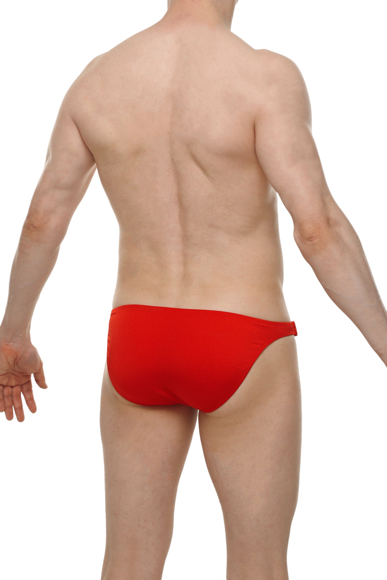 Red bikini clip joe briefs made of stretch fabric shown from the back for comfortable and stylish wear