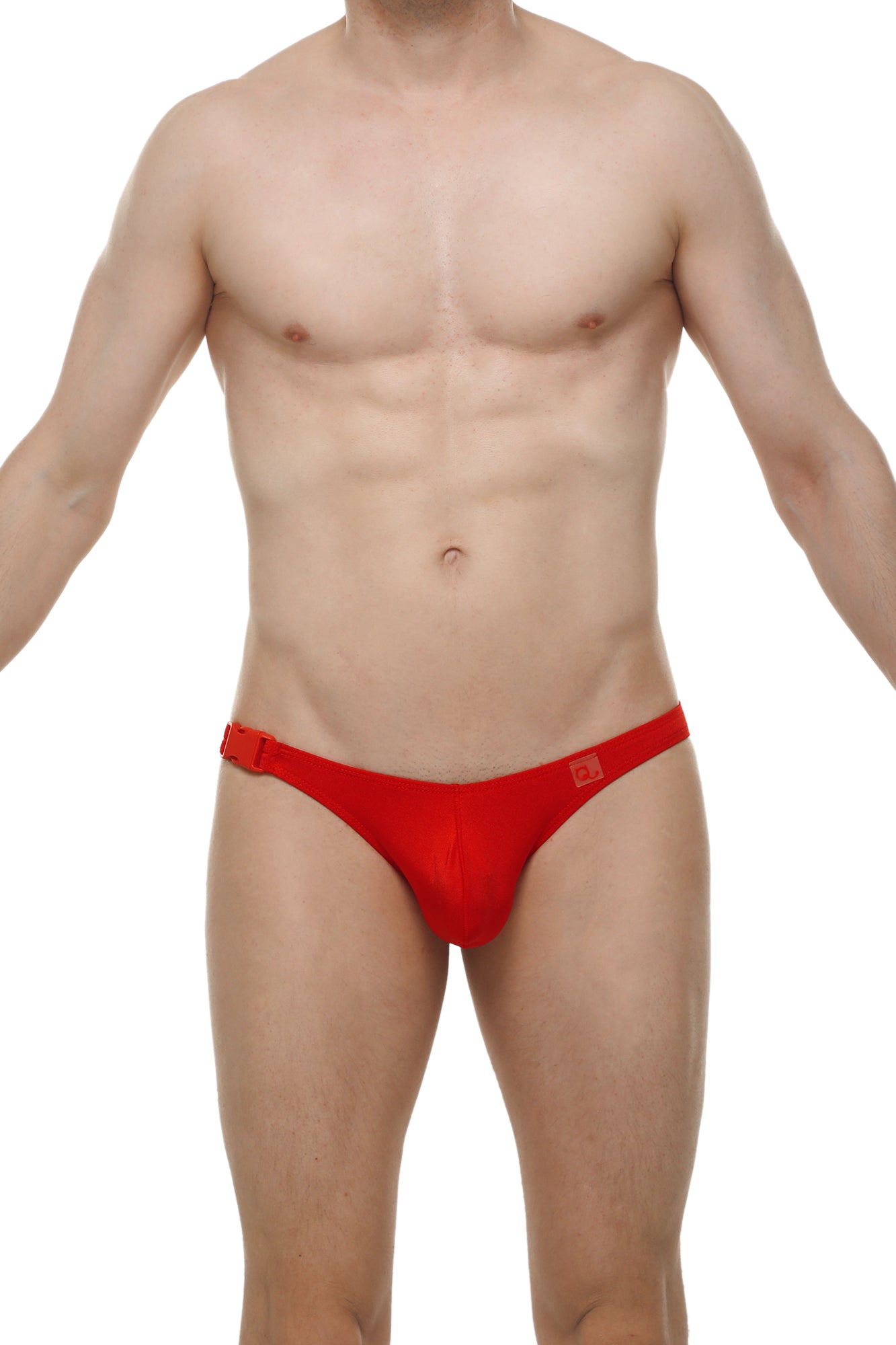 Red men’s bikini briefs with a snug fit and small square logo on the side in bold joe red color