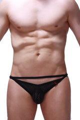 PetitQ bikini Orbar Durtol black mesh briefs with a red logo on the side showing the front view