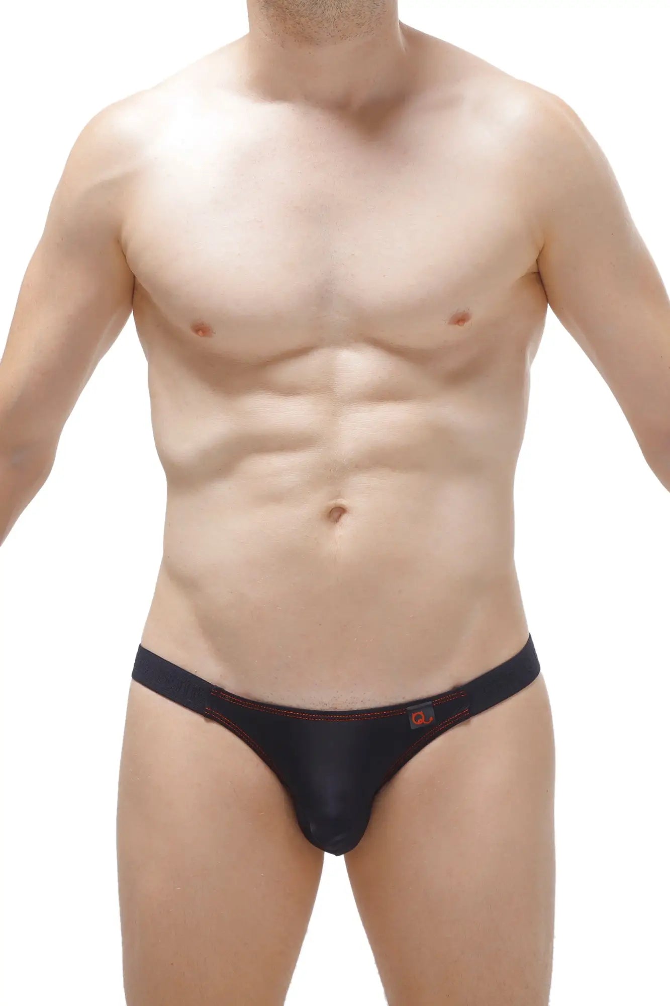 Black thong bikini mothern black with red stitching and a small logo on the waistband shown from the back side