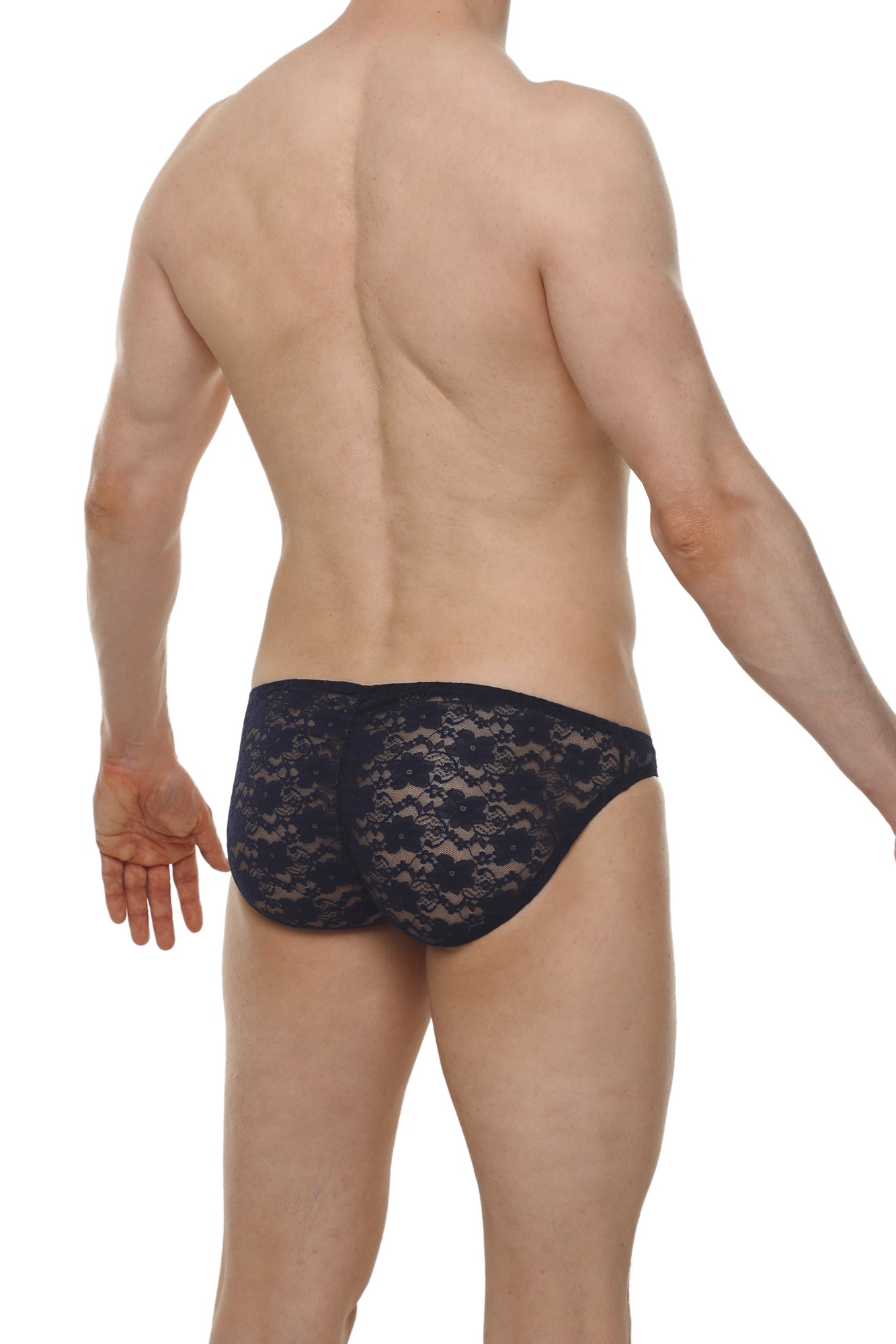 Black lace bikini briefs with a delicate floral pattern in navy featuring intricate lace detailing