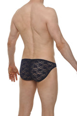 Black lace bikini briefs with a delicate floral pattern in navy featuring intricate lace detailing