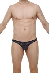 Black lace thong bikini murlin lace navy with intricate floral pattern and small red logo on waistband