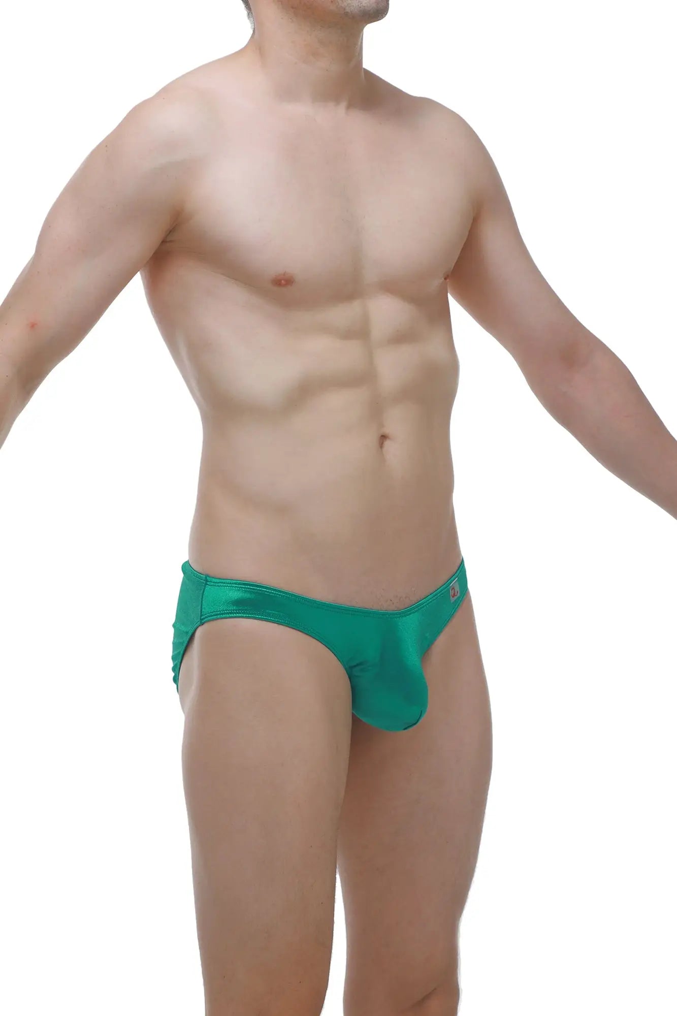 Emerald green satin bikini murlin briefs with a sleek form-fitting design showing the back side