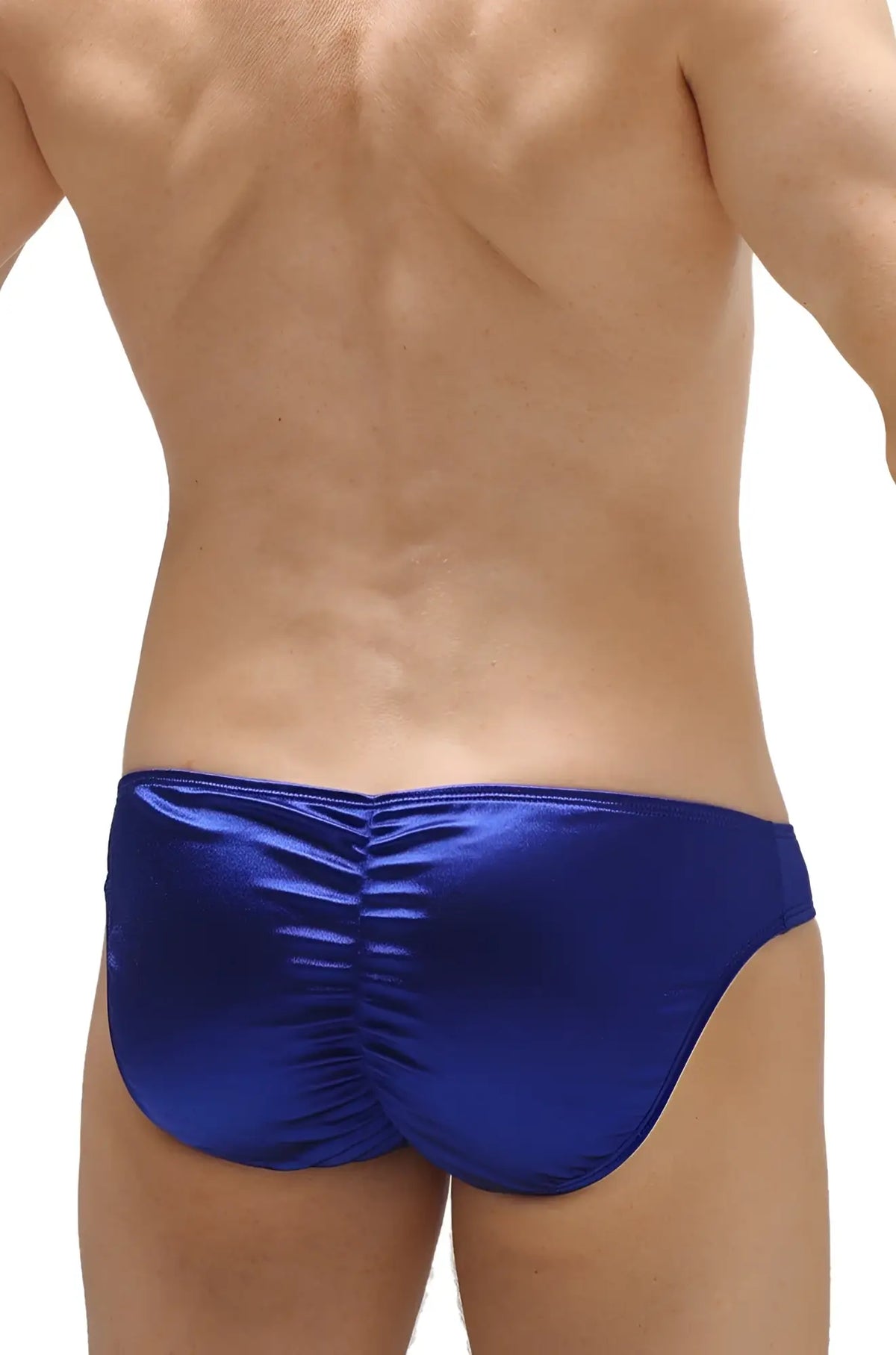 Royal blue satin swim trunks with ruched back design from bikini murlin satin sapphire collection