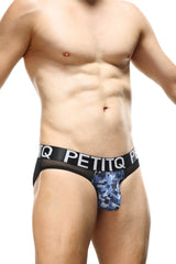 Black and blue camouflage petitq men’s briefs with a sheer waistband in bikini noth camo blue design
