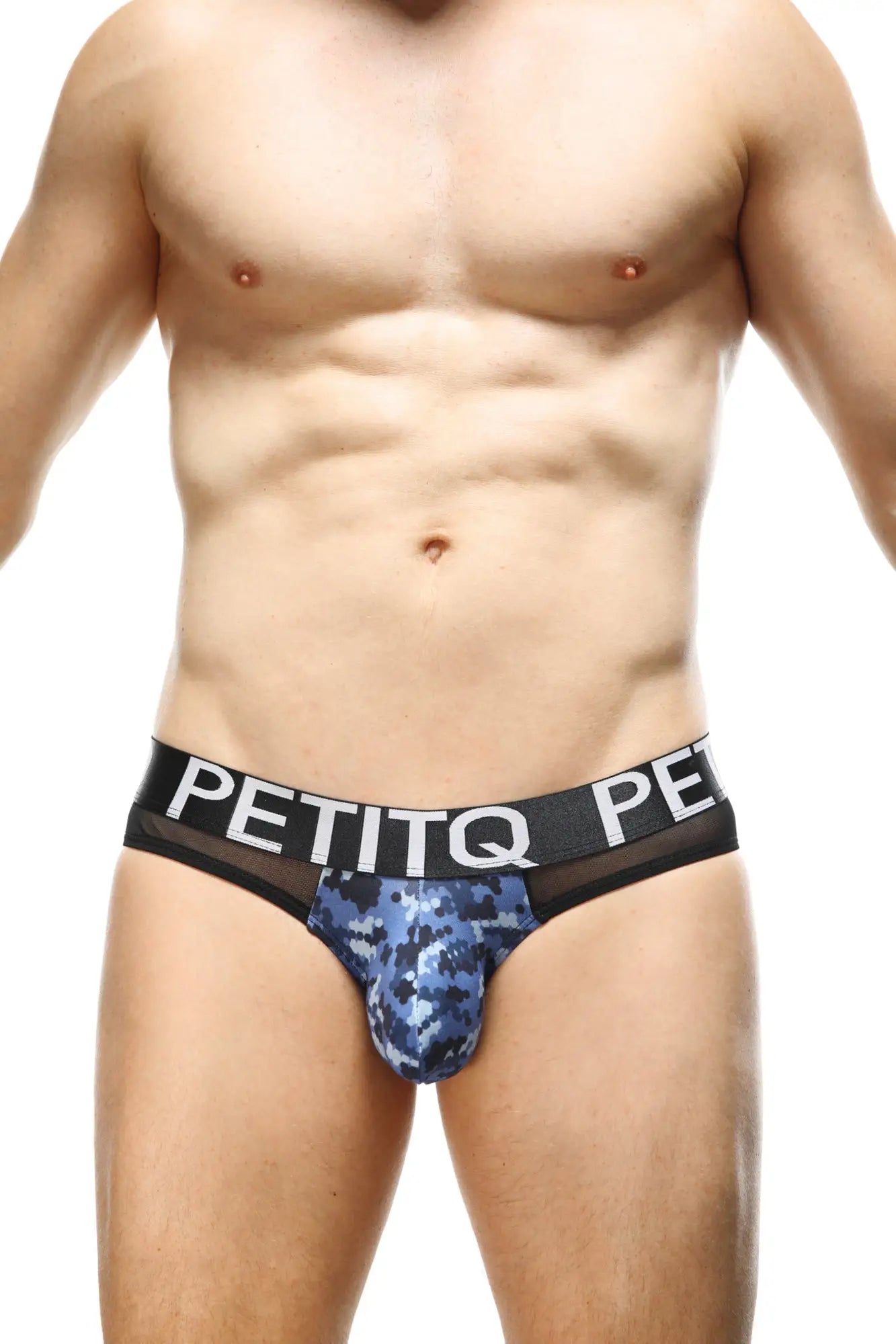 Blue camouflage patterned petitq men’s briefs with black waistband and white lettering bikini noth camo blue design