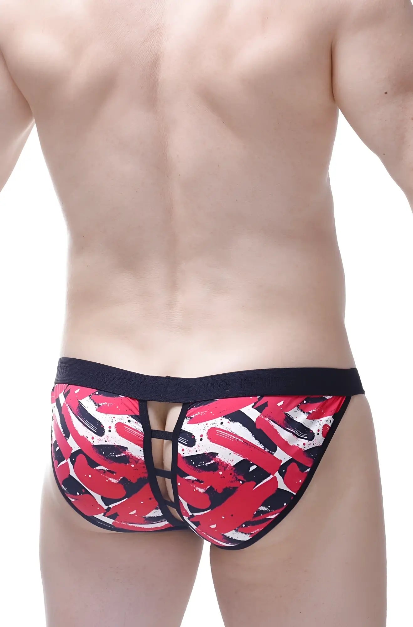 Red and black abstract brushstroke patterned men’s briefs bikini open chick with black elastic waistband