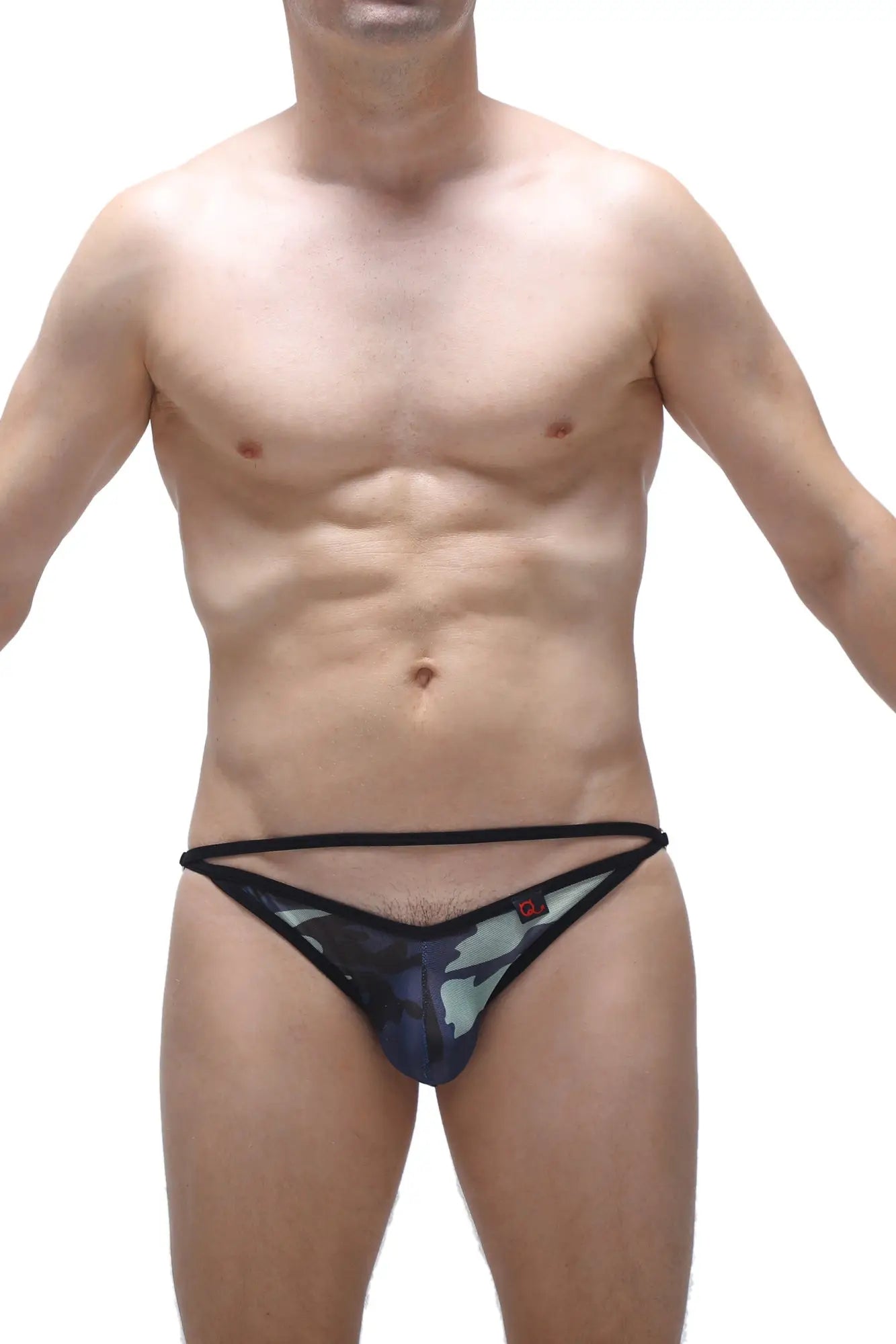 Black and gray camouflage-patterned bikini thong with thin elastic waistband shown from the back side