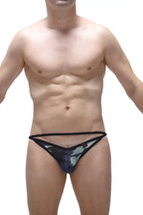 Black and gray camouflage-patterned bikini thong with thin elastic waistband shown from the back side