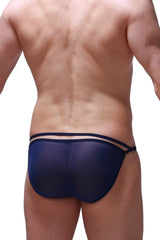 Navy blue sheer mesh bikini briefs with black elastic straps from the bikini orbar net navy collection