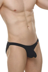 Black men’s thong bikini dome plum black with snug form-fitting design and small red logo on waistband backside view