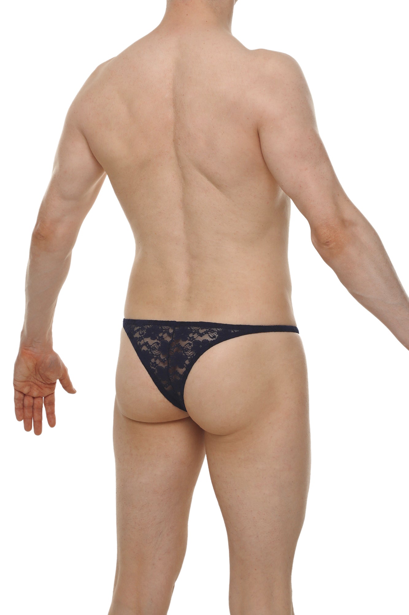 Black lace thong with intricate floral pattern in navy from Bikini Plellis Lace collection showing front view