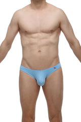 Light blue form-fitting mens briefs with smooth stretchy bamboo fabric and small red logo on the waistband