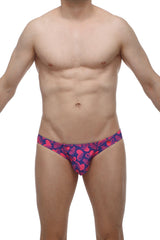 Vibrant pink and navy blue petitq bikini taik tropical hearts swim trunks with tropical leaf pattern for beachwear