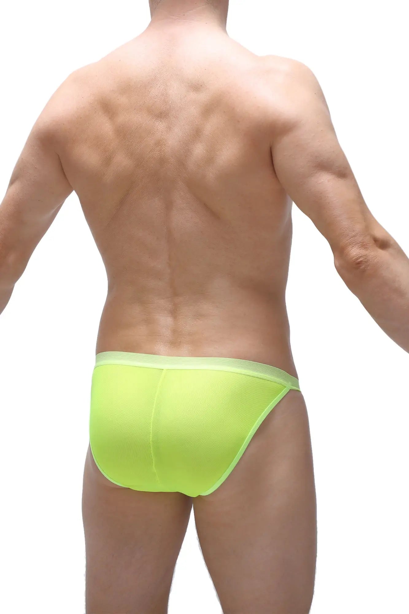 Bikini plaintel net neon yellow bright neon green briefs with smooth form fitting design in front view