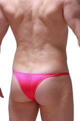 Bright pink mesh thong bikini plellis bee pink with snug form fitting design shown from the back side
