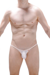 White men’s bikini plellis bisque thong with small red logo on the waistband showing the front side