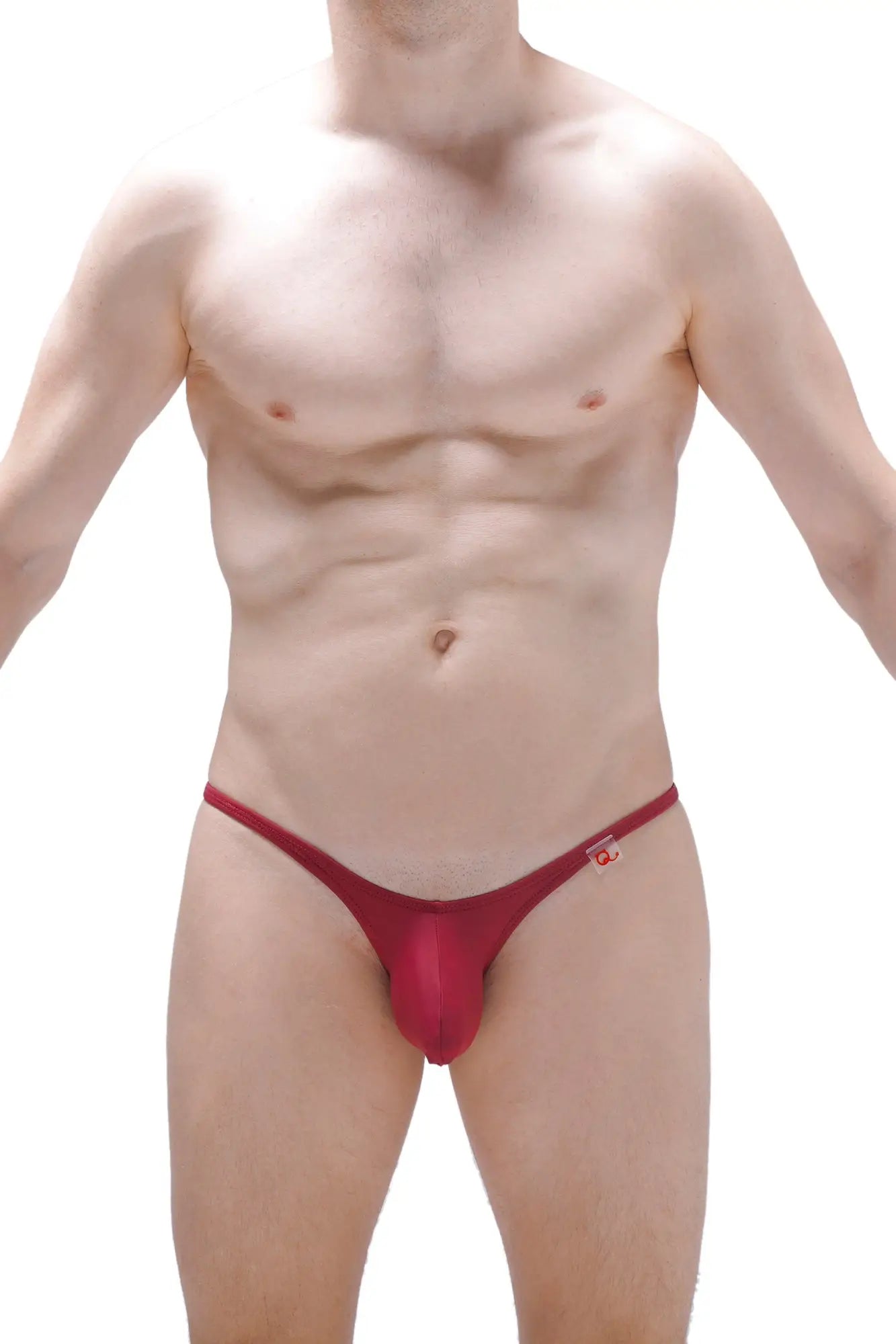 Red form-fitting thong bikini plellis burgundy with small logo on the sideband visible from the back side