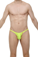 Bright neon yellow bikini plellis joe thong with small orange logo on the side front view